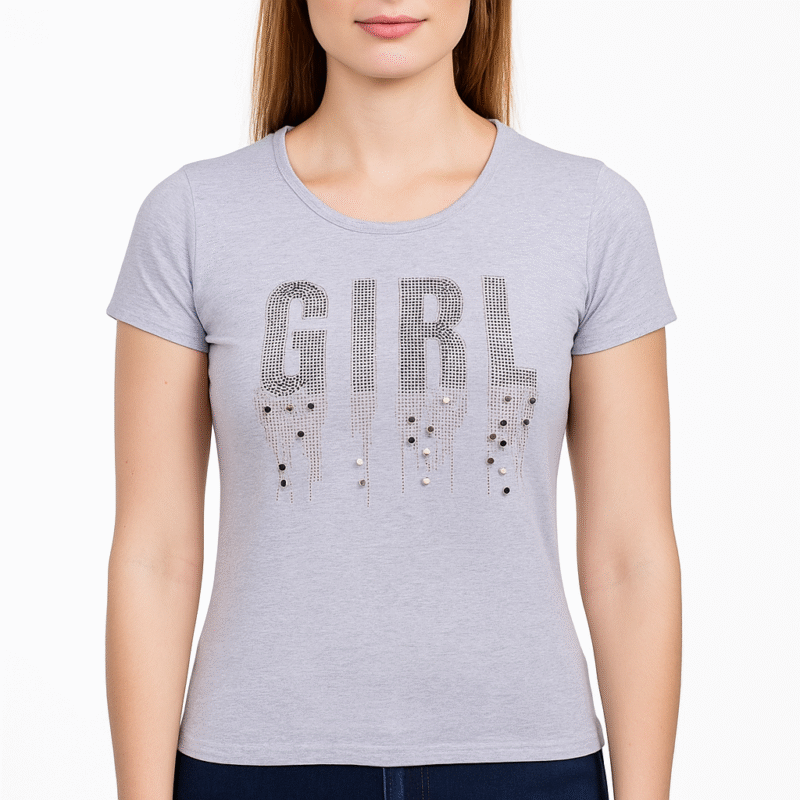 Girl Beaded Short Sleeve Top – Heather Grey
