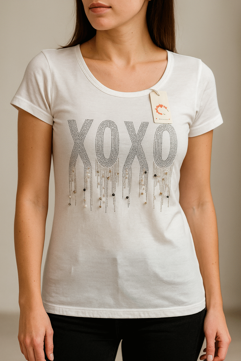 XOXO Beaded Short Sleeve Top – White