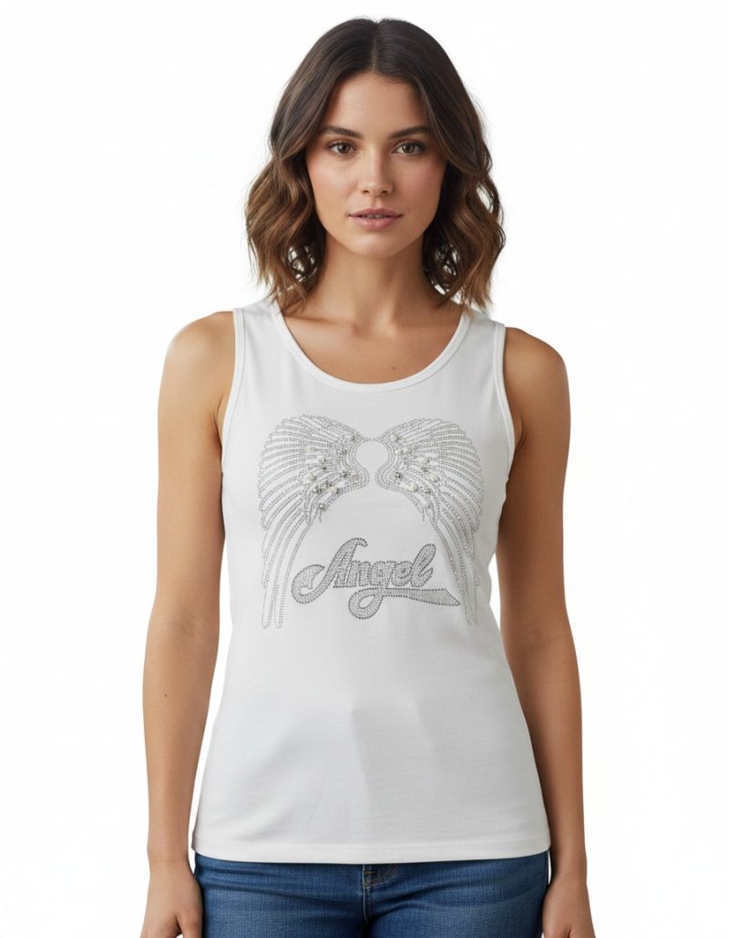 Angel Wing Beaded Tank – White